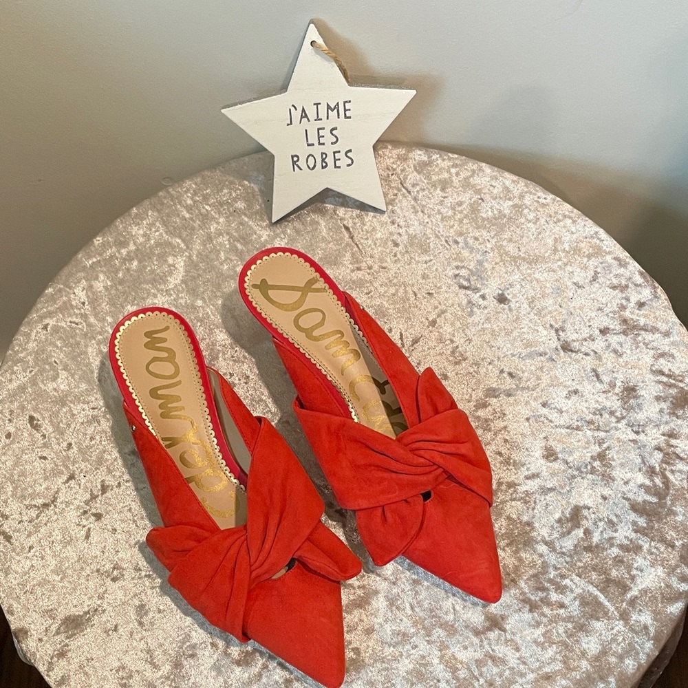 SAM EDELMAN Laney Red Suede Mules with Bow Detail